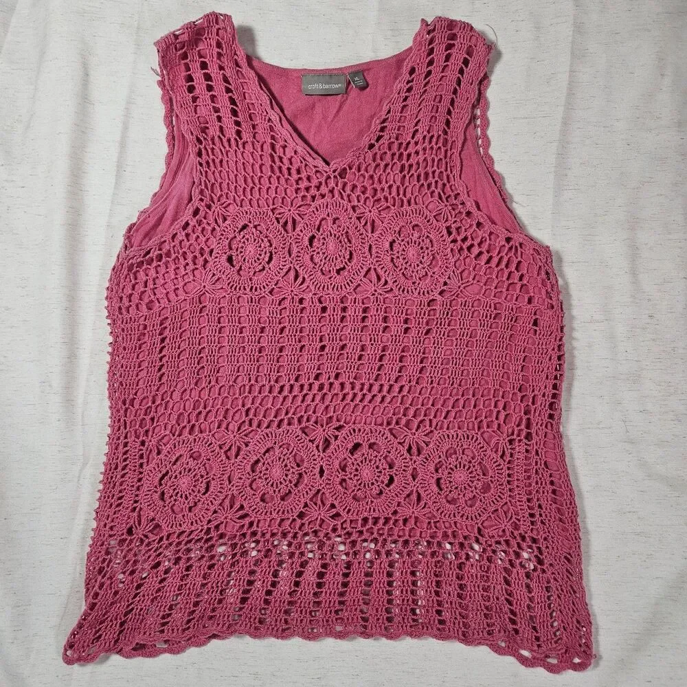 Croft Barrow Pink Cottagecore Crochet Tank Top Women Boho Hippie Casual XL Fairy
